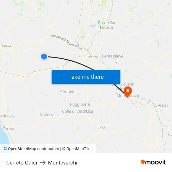 Cerreto Guidi to Montevarchi map