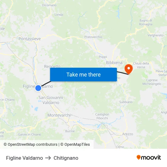 Figline Valdarno to Chitignano map