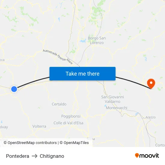 Pontedera to Chitignano map