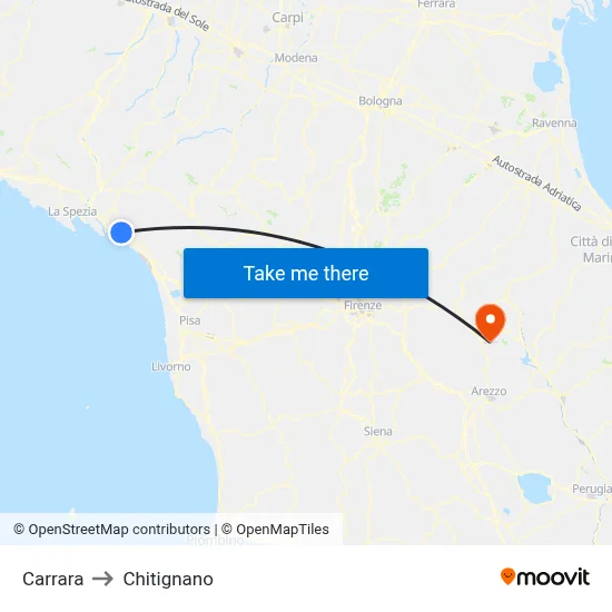 Carrara to Chitignano map