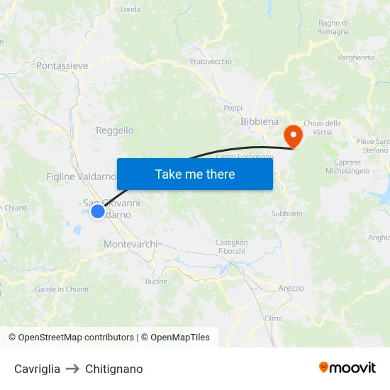 Cavriglia to Chitignano map