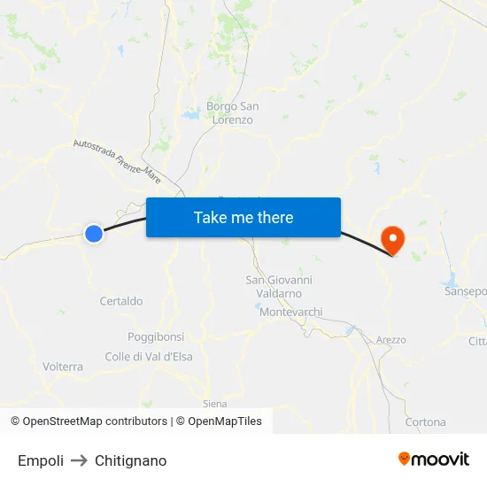 Empoli to Chitignano map