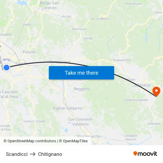 Scandicci to Chitignano map