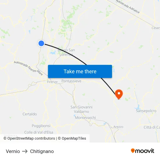 Vernio to Chitignano map