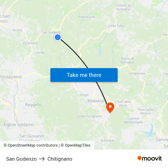 San Godenzo to Chitignano map