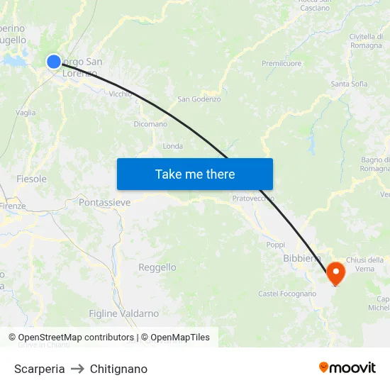 Scarperia to Chitignano map