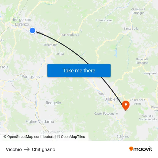 Vicchio to Chitignano map