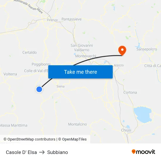Casole D'Elsa to Subbiano map