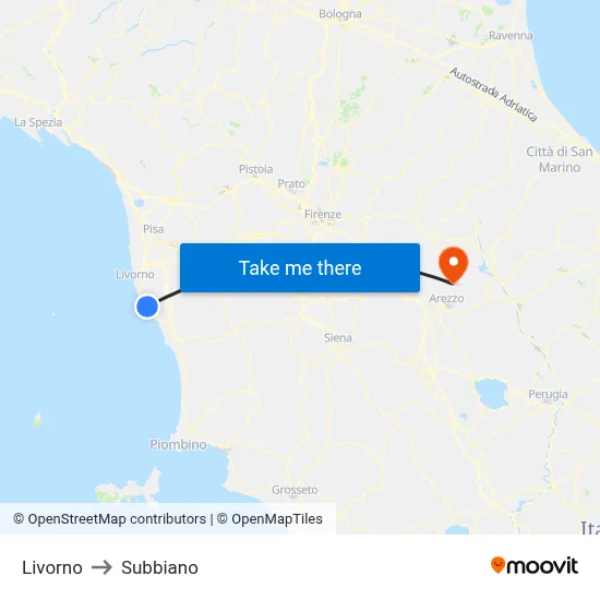 Livorno to Subbiano map