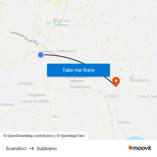 Scandicci to Subbiano map