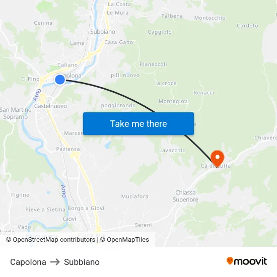 Capolona to Subbiano map