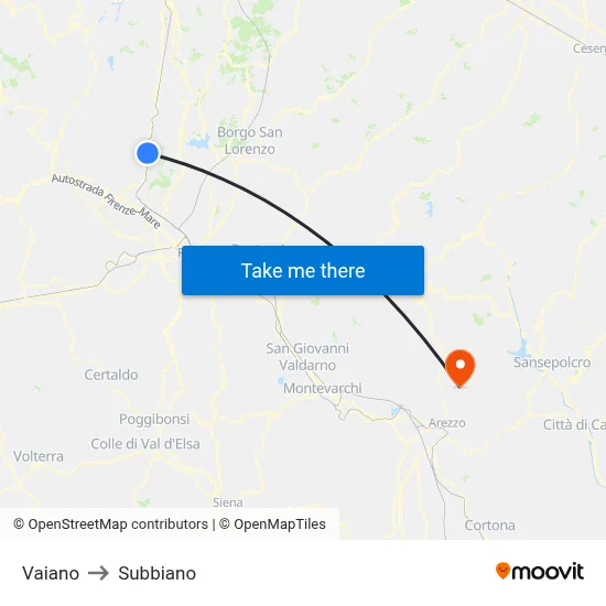Vaiano to Subbiano map