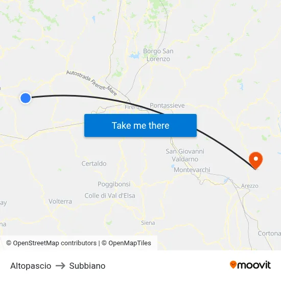 Altopascio to Subbiano map