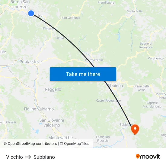 Vicchio to Subbiano map