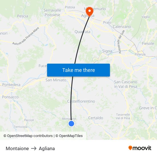 Montaione to Agliana map