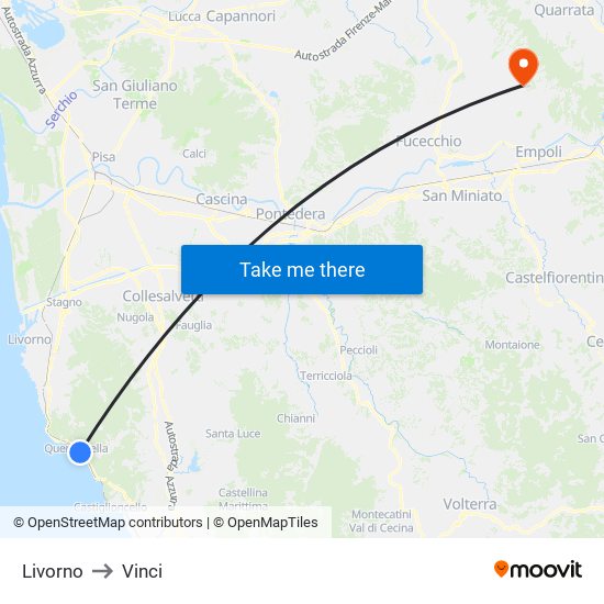 Livorno to Vinci map