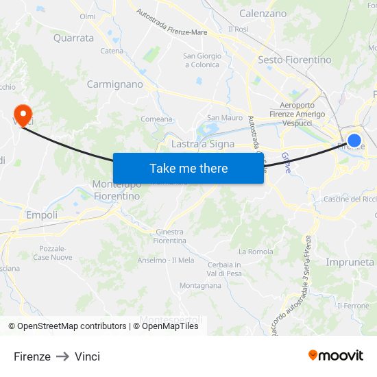 Firenze to Vinci map