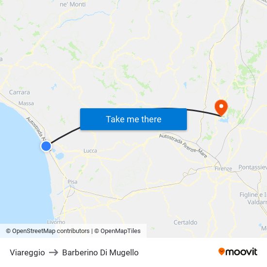 Viareggio to Barberino Di Mugello map