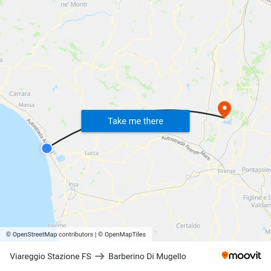 Viareggio Stazione FS to Barberino Di Mugello map