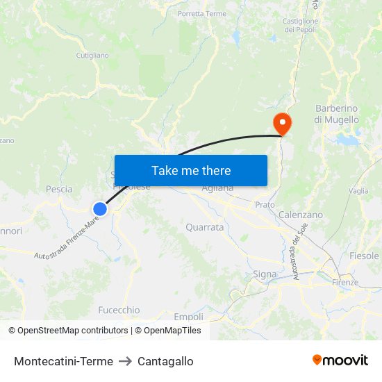Montecatini-Terme to Cantagallo map
