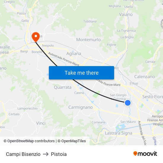 Campi Bisenzio to Pistoia map