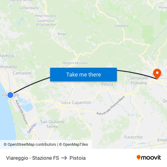 Viareggio Stazione FS to Pistoia map