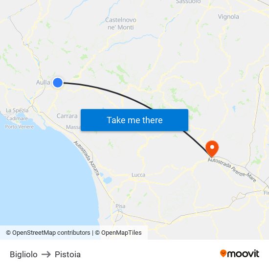 Bigliolo to Pistoia map