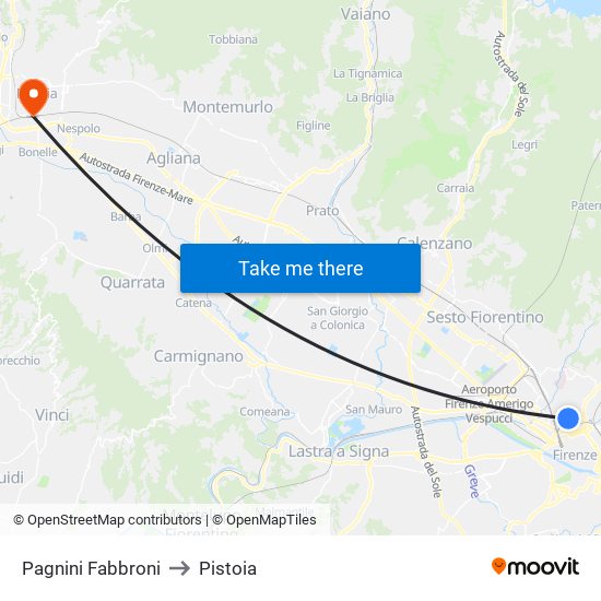 Pagnini Fabbroni to Pistoia map