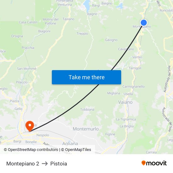 Montepiano 2 to Pistoia map