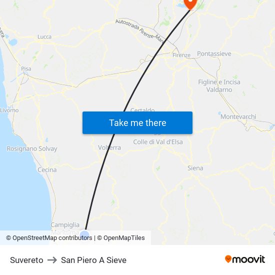 Suvereto to San Piero A Sieve map