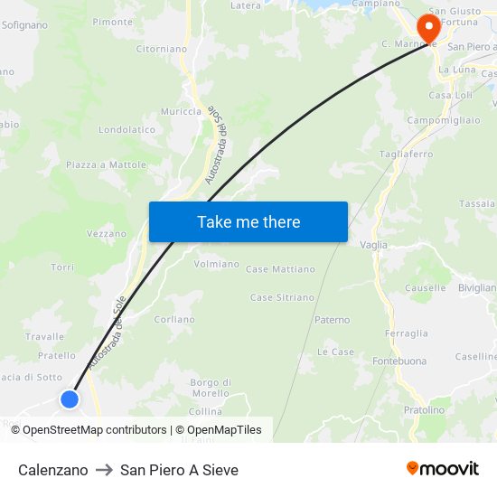 Calenzano to San Piero A Sieve map