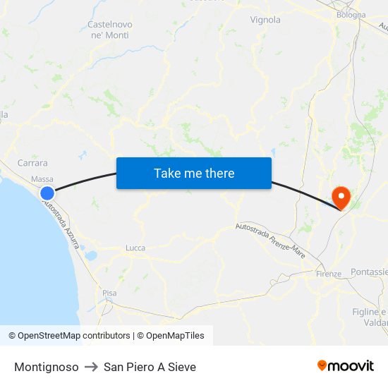 Montignoso to San Piero A Sieve map