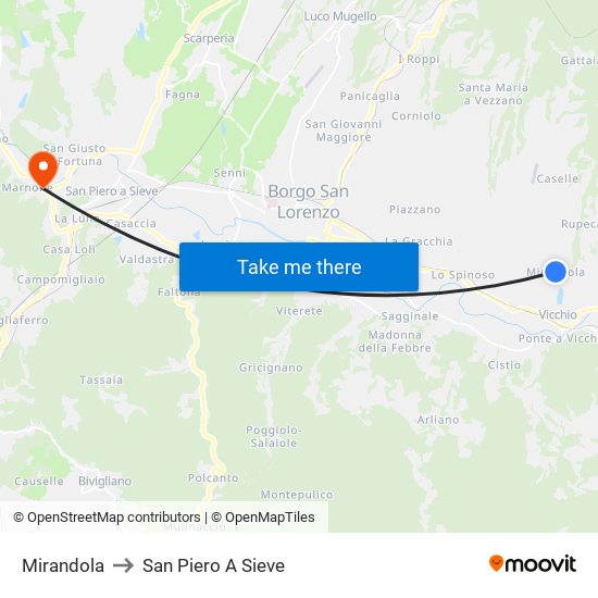 Mirandola to San Piero A Sieve map