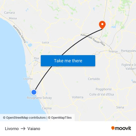 Livorno to Vaiano map