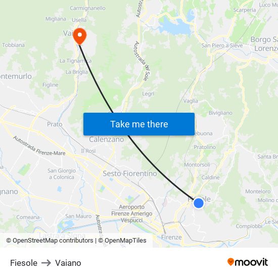 Fiesole to Vaiano map