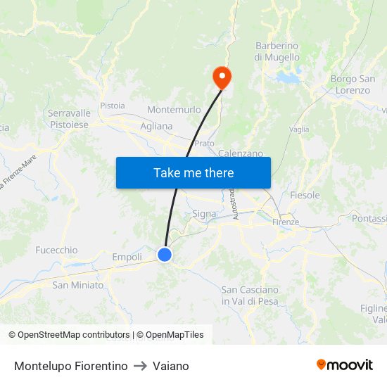 Montelupo Fiorentino to Vaiano map