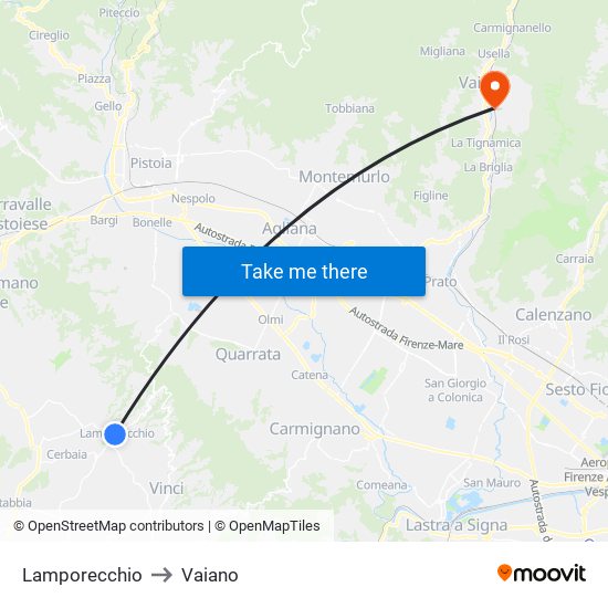 Lamporecchio to Vaiano map