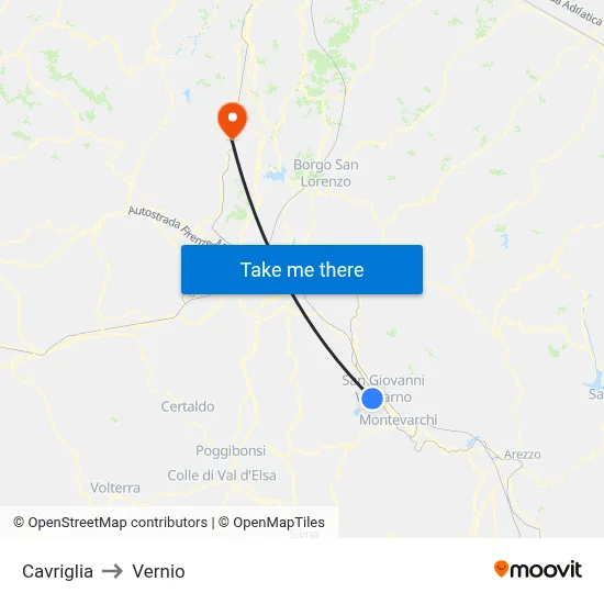 Cavriglia to Vernio map