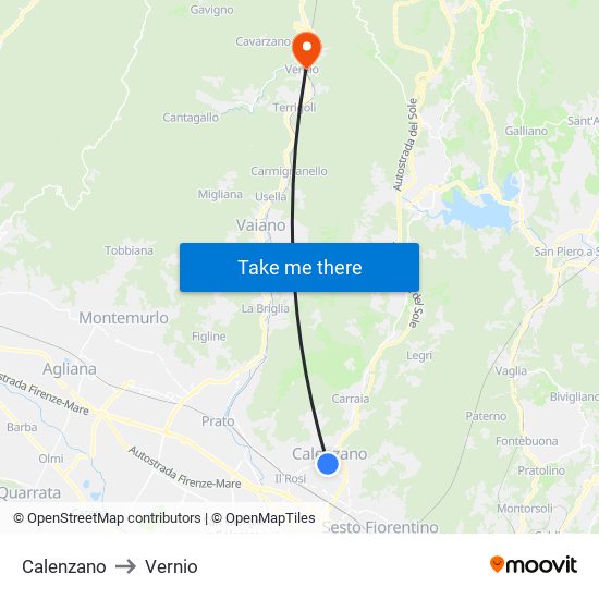 Calenzano to Vernio map