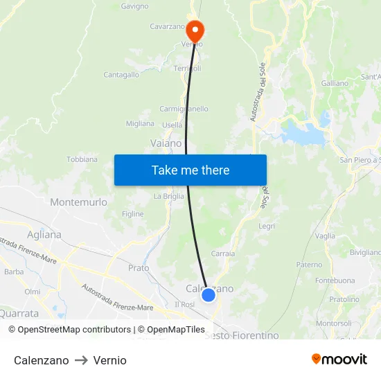 Calenzano to Vernio map