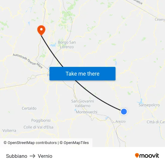 Subbiano to Vernio map