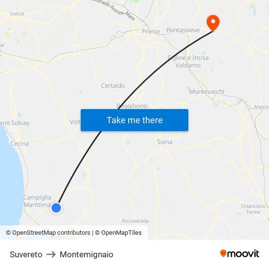 Suvereto to Montemignaio map