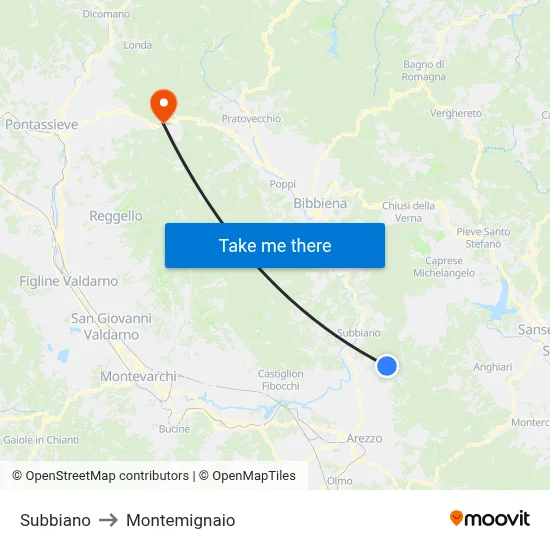 Subbiano to Montemignaio map