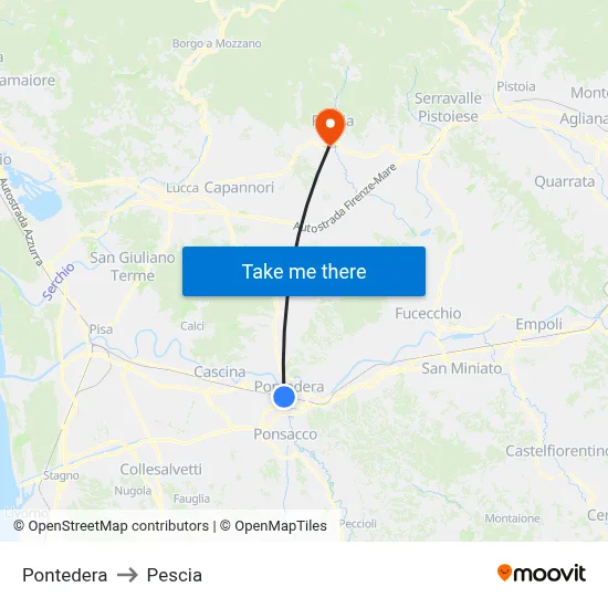 Pontedera to Pescia map