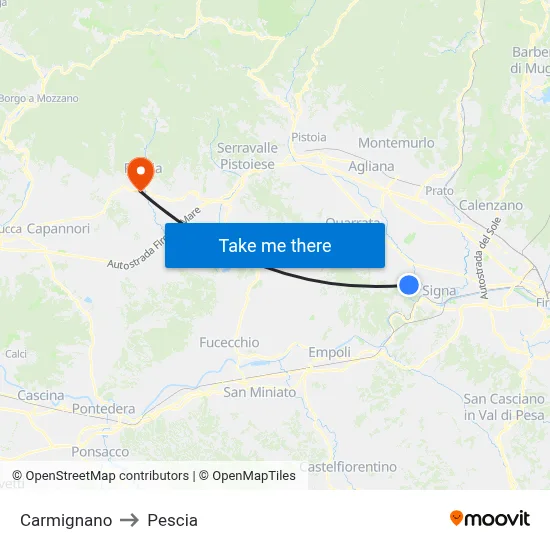 Carmignano to Pescia map