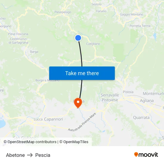 Abetone to Pescia map