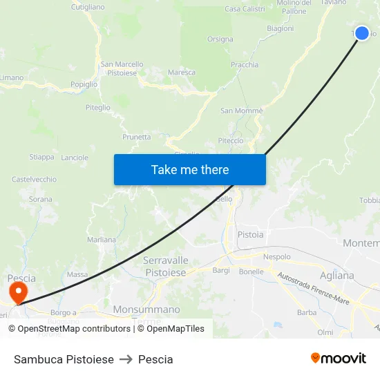 Sambuca Pistoiese to Pescia map