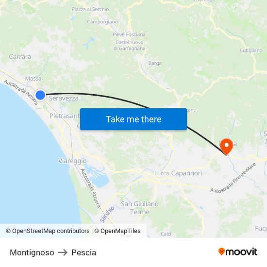 Montignoso to Pescia map