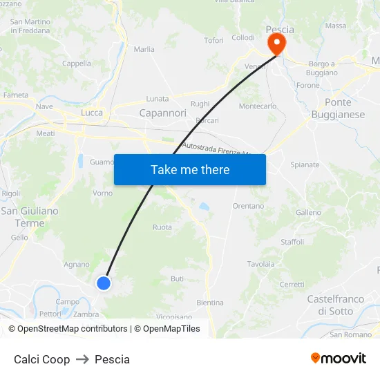 Calci Coop to Pescia map