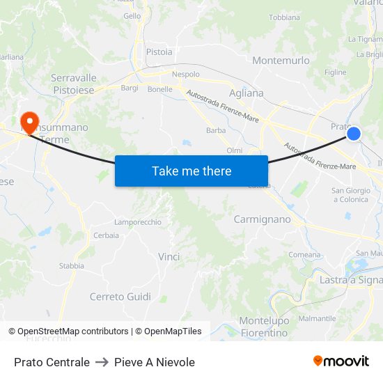 Prato Centrale to Pieve A Nievole map